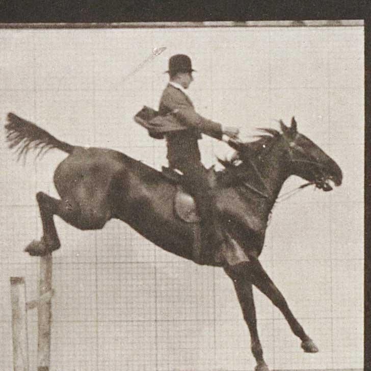 A gentleman wearing a top hat gracefully rides a racing horse
